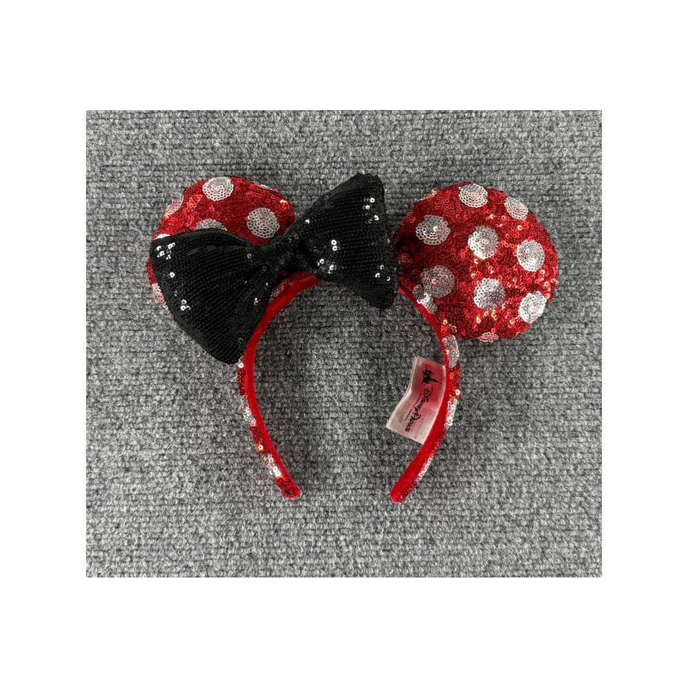 Disney Parks Minnie Mouse Red White Polka Dot Sequin Ear Headband Black Bow